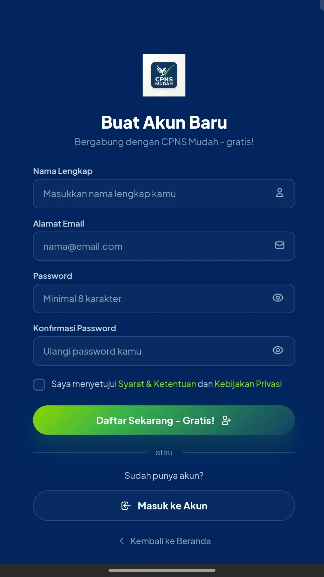 Preview aplikasi CPNS Mudah di handphone